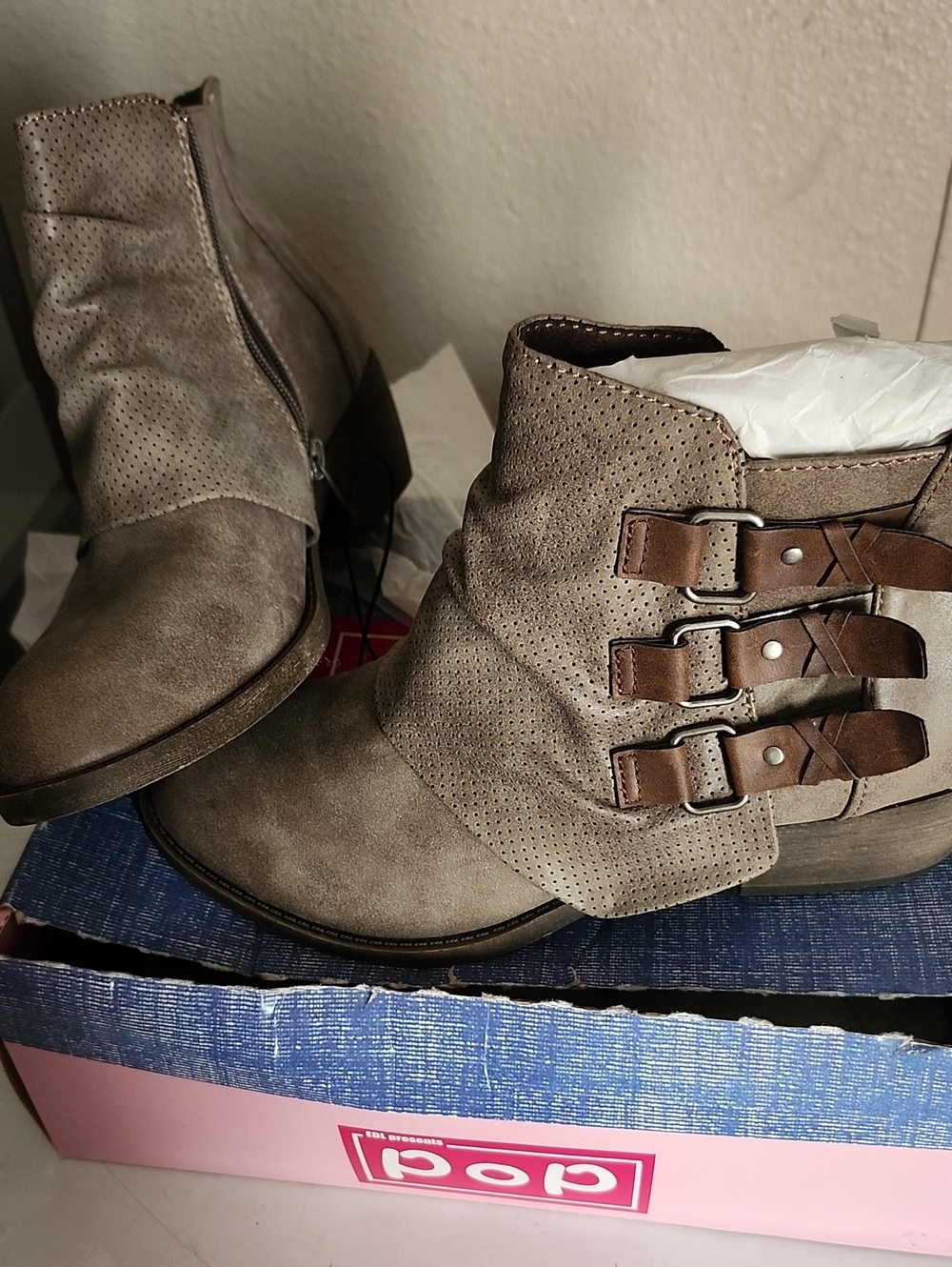 pop Taupe Perforated Buckle Strap Ankle Boots